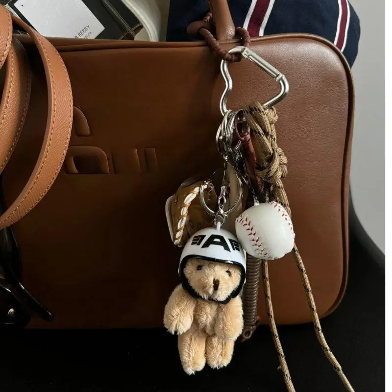 Trendy Cute Motorcycle Helmet Bear Doll Couple Keychain Pendant Plush Bear Toy Car Keyring Backpack Decoration Bag Charm Jewelry