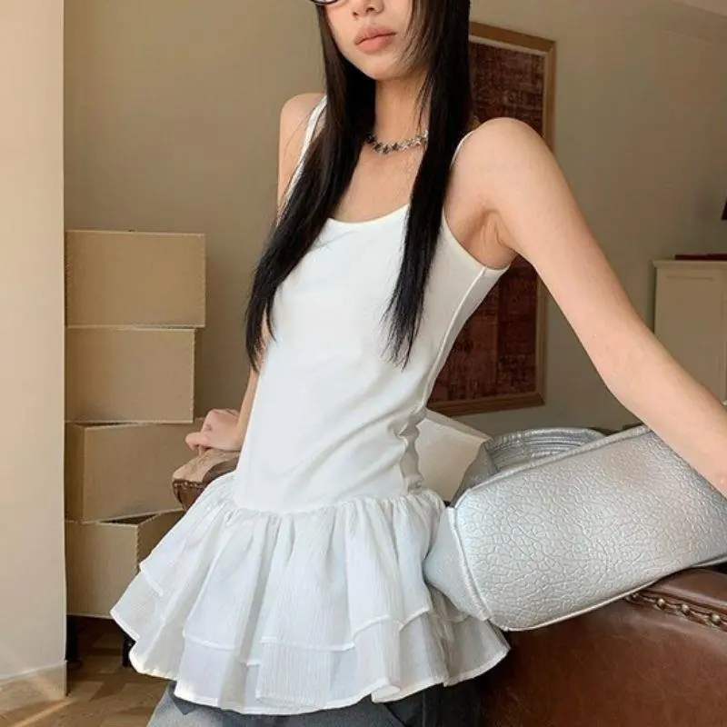 Chic Y2K Korea Vest Top With Ruffles Double Layer Skirt Sweet Ballet Style White Tank Tops Harajuku Camisole Dress Cropped Top