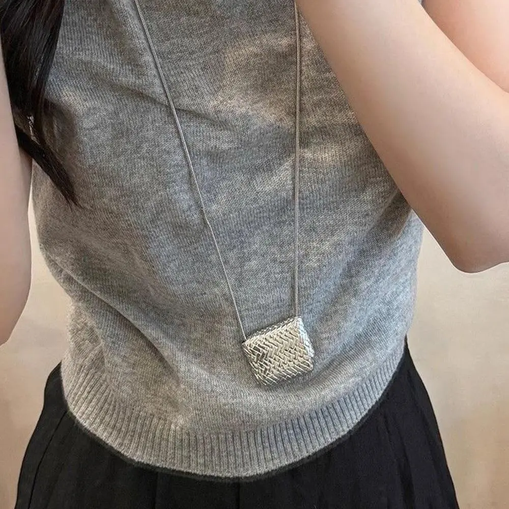 INS Silver Color Square Bag Pendant Necklace Snake Chain Long Chain Necklaces For Women Girls Creative Neck Jewelry Best Gifts