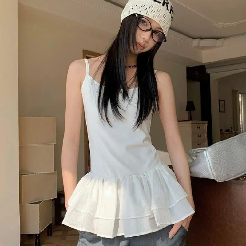 Chic Y2K Korea Vest Top With Ruffles Double Layer Skirt Sweet Ballet Style White Tank Tops Harajuku Camisole Dress Cropped Top