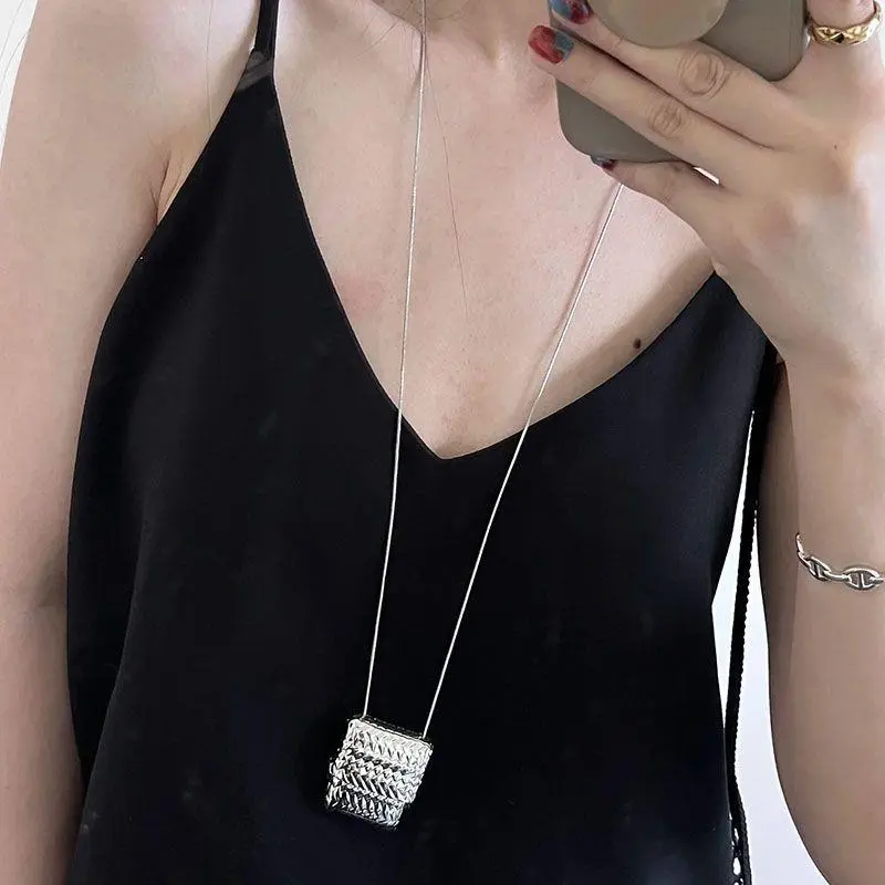 INS Silver Color Square Bag Pendant Necklace Snake Chain Long Chain Necklaces For Women Girls Creative Neck Jewelry Best Gifts