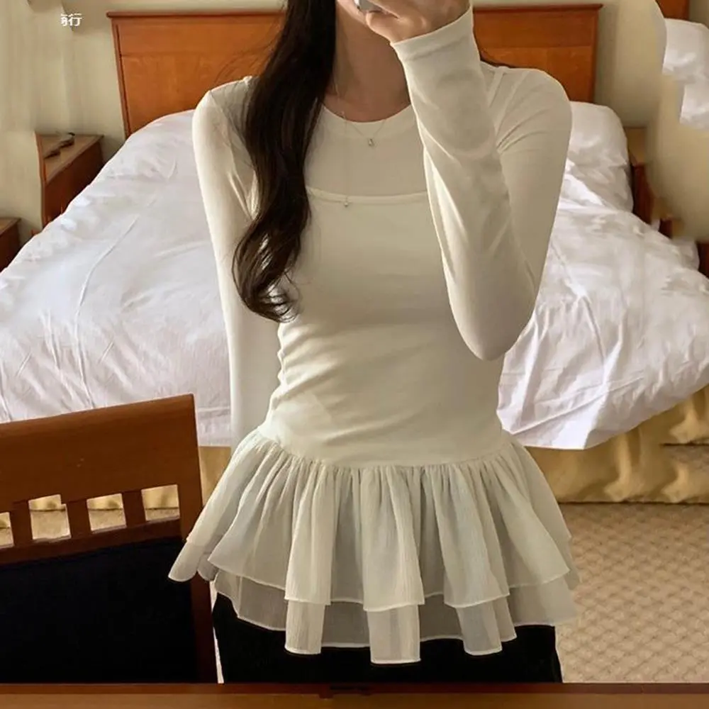 Chic Y2K Korea Vest Top With Ruffles Double Layer Skirt Sweet Ballet Style White Tank Tops Harajuku Camisole Dress Cropped Top