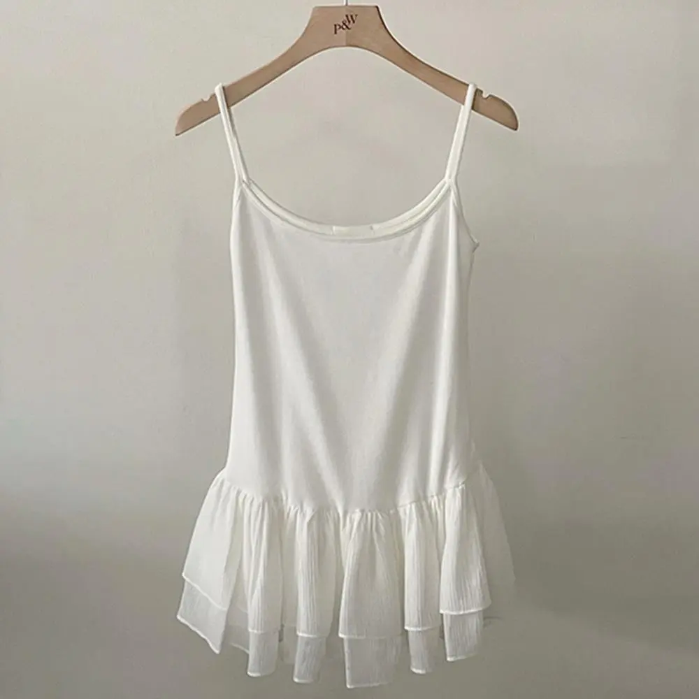 Chic Y2K Korea Vest Top With Ruffles Double Layer Skirt Sweet Ballet Style White Tank Tops Harajuku Camisole Dress Cropped Top