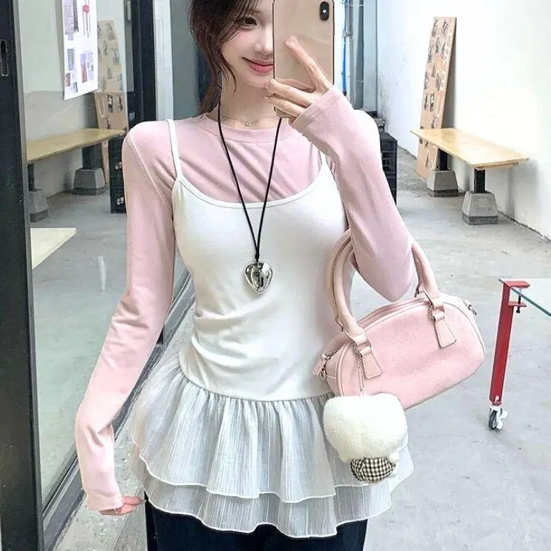 Chic Y2K Korea Vest Top With Ruffles Double Layer Skirt Sweet Ballet Style White Tank Tops Harajuku Camisole Dress Cropped Top