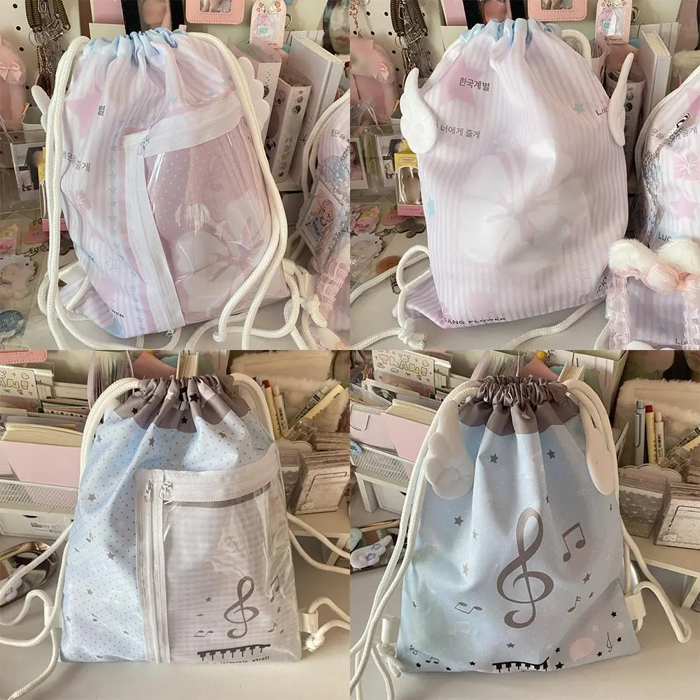 Japan Harajuku Backpacks Drawstring Backpack Badge Star Print Large Capacity Student Transparent Pockets Y2k Drawstring Bag