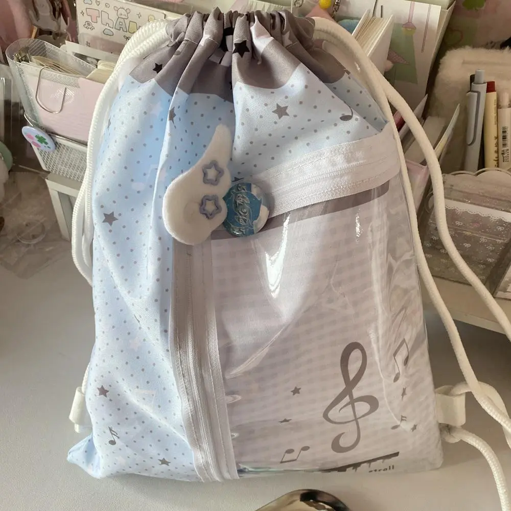 Japan Harajuku Backpacks Drawstring Backpack Badge Star Print Large Capacity Student Transparent Pockets Y2k Drawstring Bag