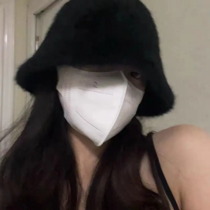 Rabbit hair fisherman hat for women Autumn-winter basin hat head round plush senior sense face small white bucket hat for women
