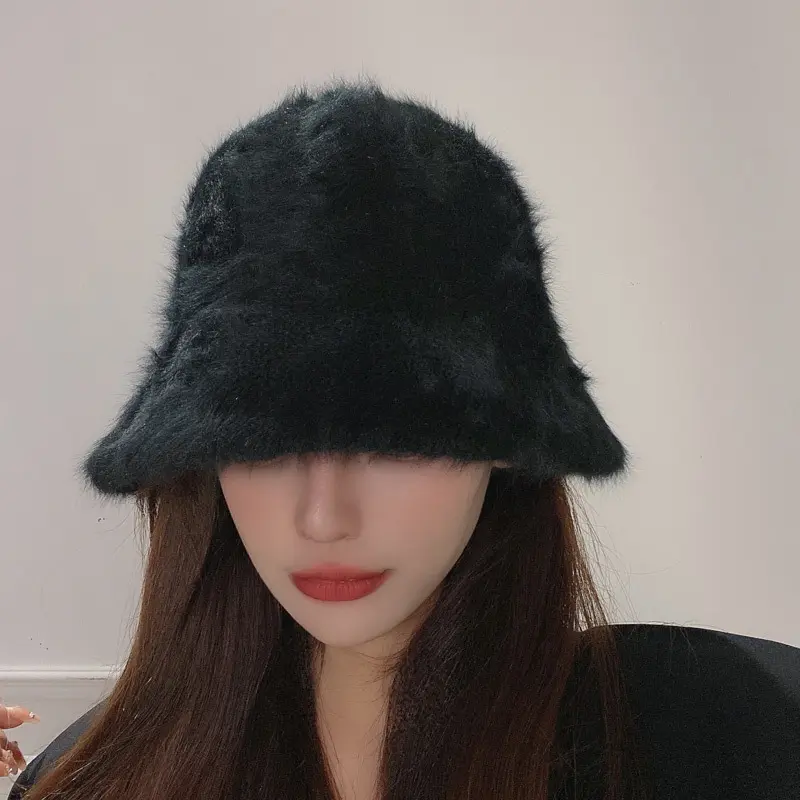 Rabbit hair fisherman hat for women Autumn-winter basin hat head round plush senior sense face small white bucket hat for women