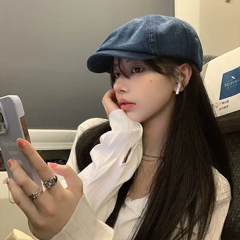 Denim octagon hat duck cap Male literary newspaper boy hat washed cotton European and American beret foreign trade short brimmed
