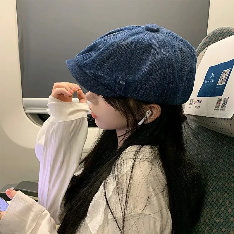 Denim octagon hat duck cap Male literary newspaper boy hat washed cotton European and American beret foreign trade short brimmed