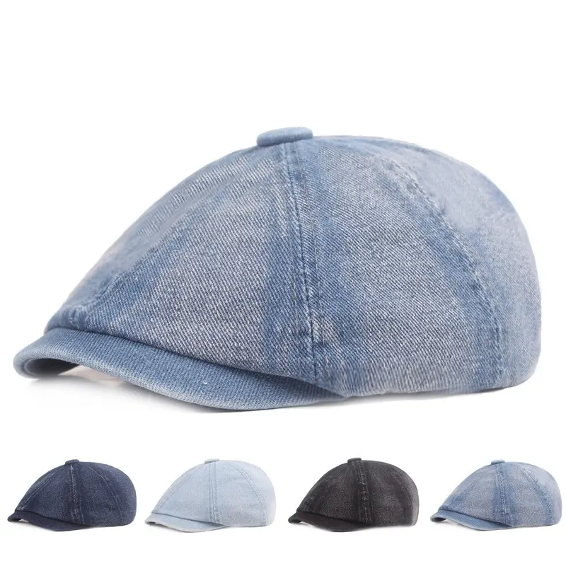 Denim octagon hat duck cap Male literary newspaper boy hat washed cotton European and American beret foreign trade short brimmed