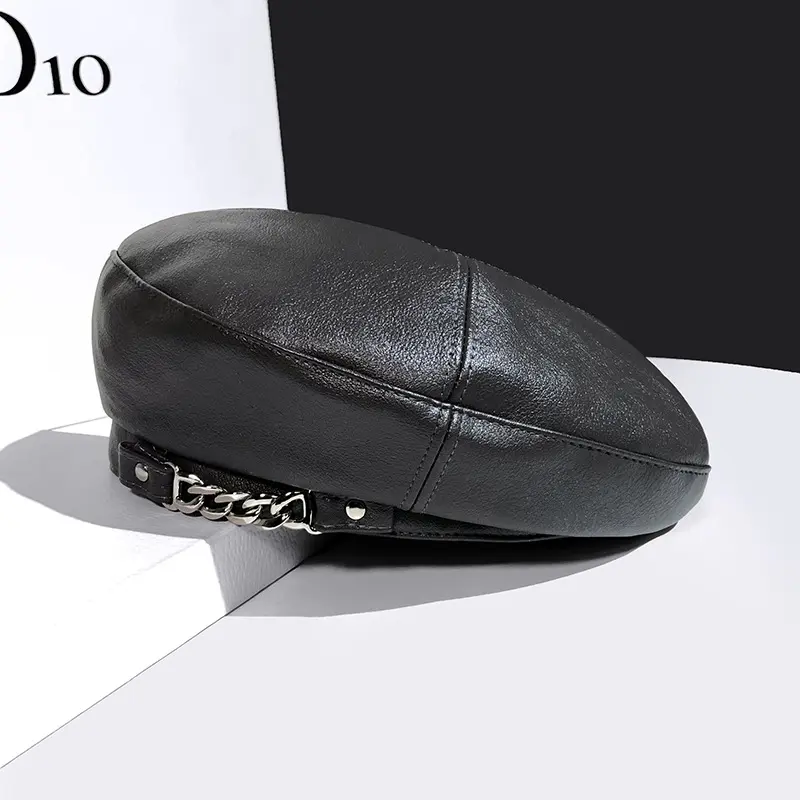 metal chain Leather beret hat Men and women