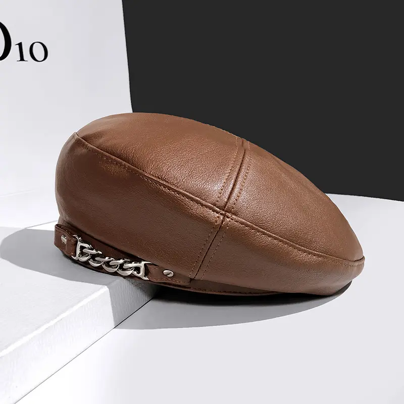 metal chain Leather beret hat Men and women