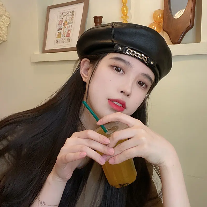 metal chain Leather beret hat Men and women