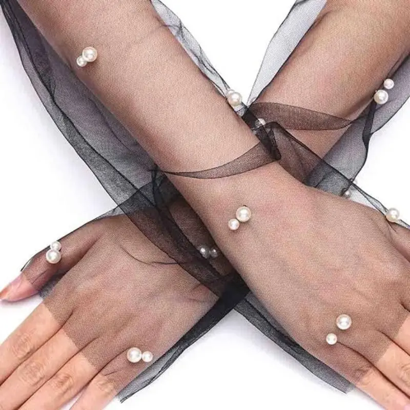 White studded pearl mesh gloves Bridal wedding dress Photo accessories Arm cover armbands show long white