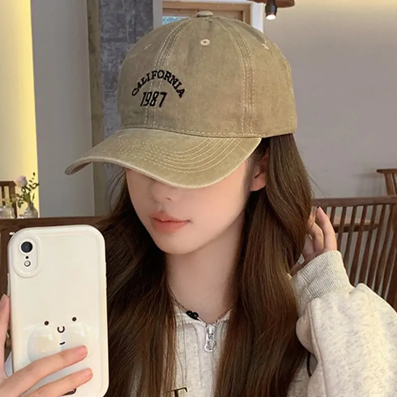 Grey denim hat men's breathable soft top sunshade Korean embroidery baseball cap retro trendy brand washed hat women