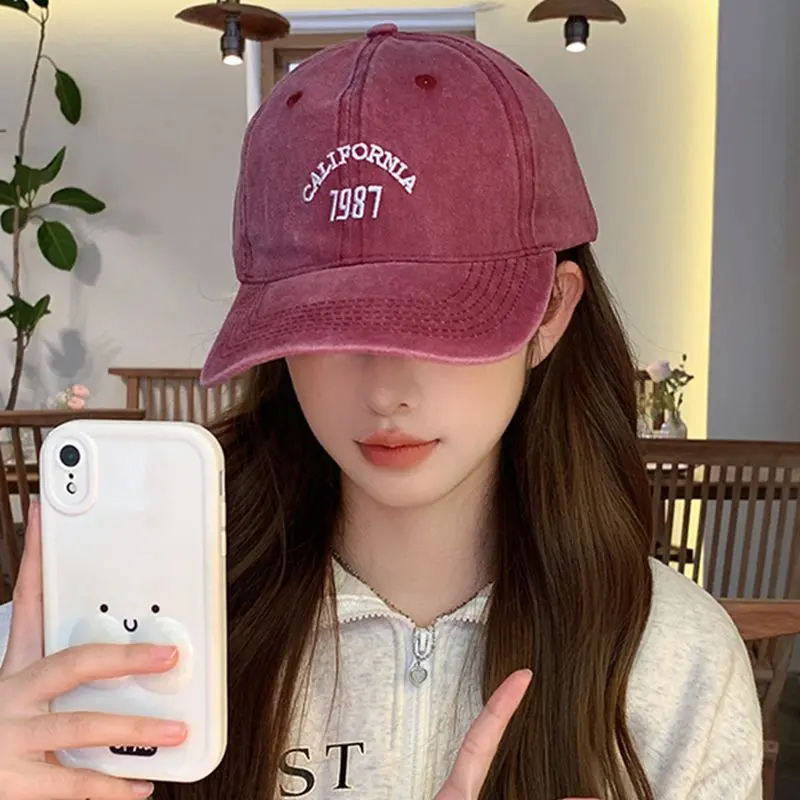 Grey denim hat men's breathable soft top sunshade Korean embroidery baseball cap retro trendy brand washed hat women
