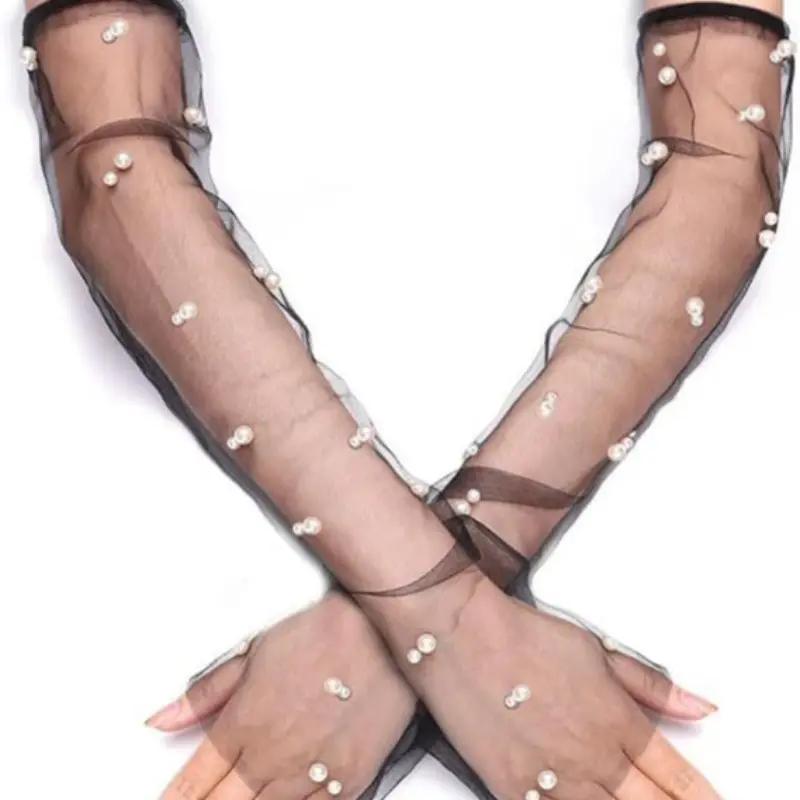 White studded pearl mesh gloves Bridal wedding dress Photo accessories Arm cover armbands show long white