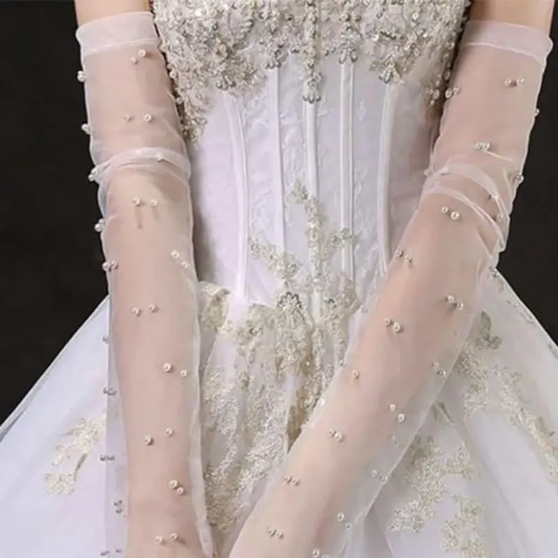 White studded pearl mesh gloves Bridal wedding dress Photo accessories Arm cover armbands show long white