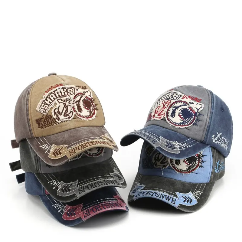 New embroidered shark cowboy cap to make old washed hipster male sex baseball cap female sunblock hat