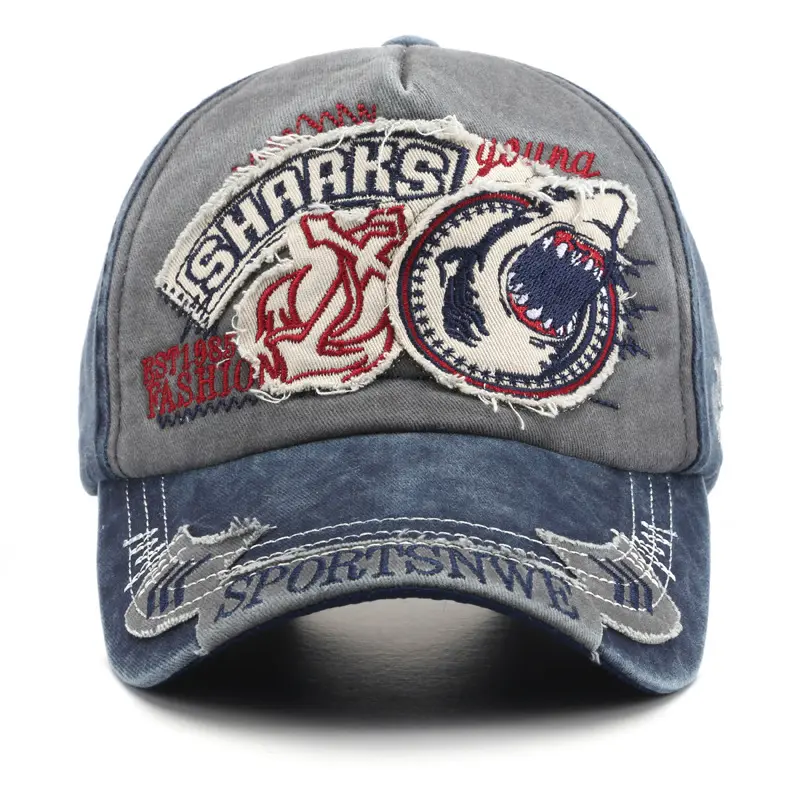 New embroidered shark cowboy cap to make old washed hipster male sex baseball cap female sunblock hat