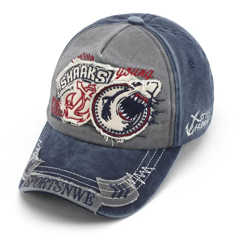 New embroidered shark cowboy cap to make old washed hipster male sex baseball cap female sunblock hat