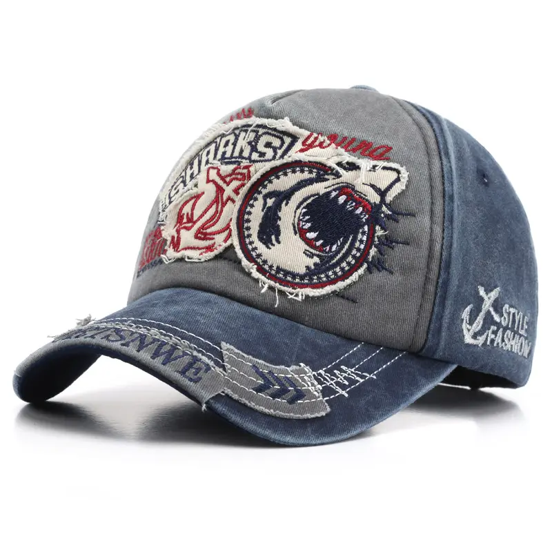 New embroidered shark cowboy cap to make old washed hipster male sex baseball cap female sunblock hat