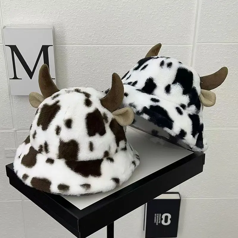 Autumn and winter new cow print horn fisherman hat female print Korean fashion plush thickened warm basin hat