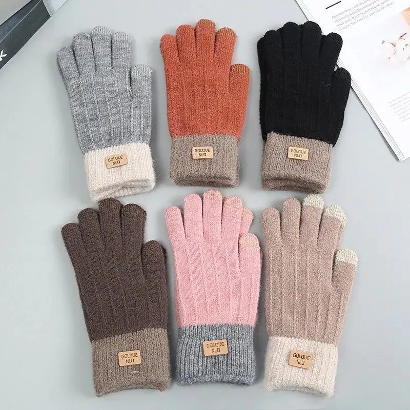 Cashmere knitted touch screen gloves women's autumn and winter warm men's outdoor anti-freeze plus fleece thickened