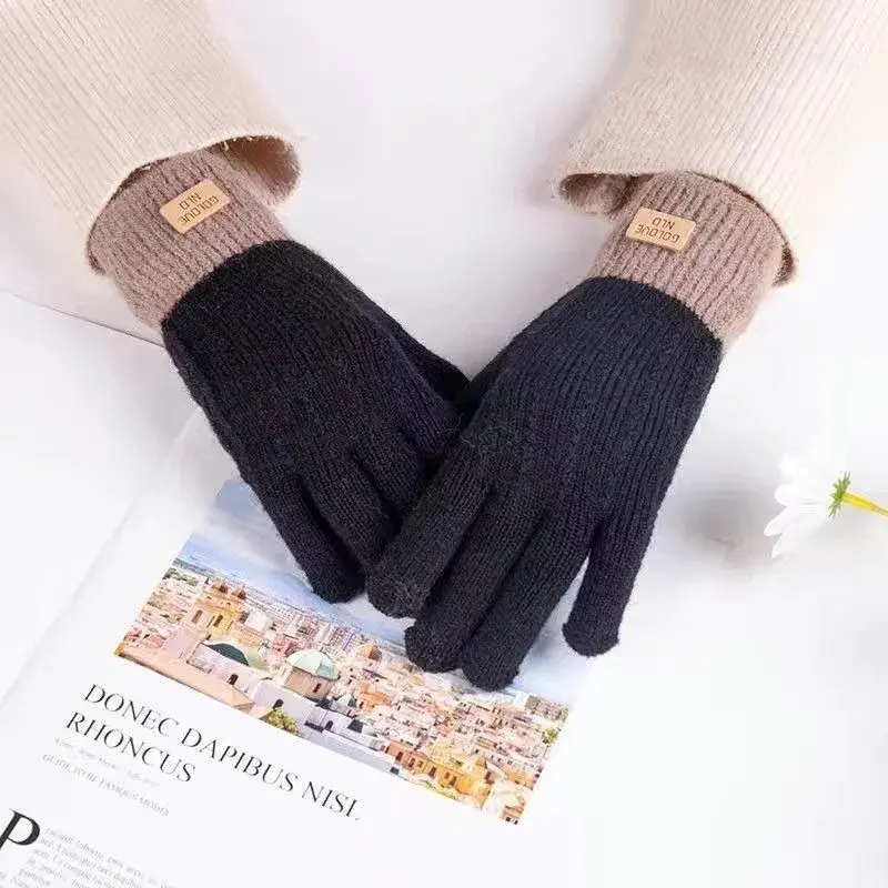 Cashmere knitted touch screen gloves women's autumn and winter warm men's outdoor anti-freeze plus fleece thickened