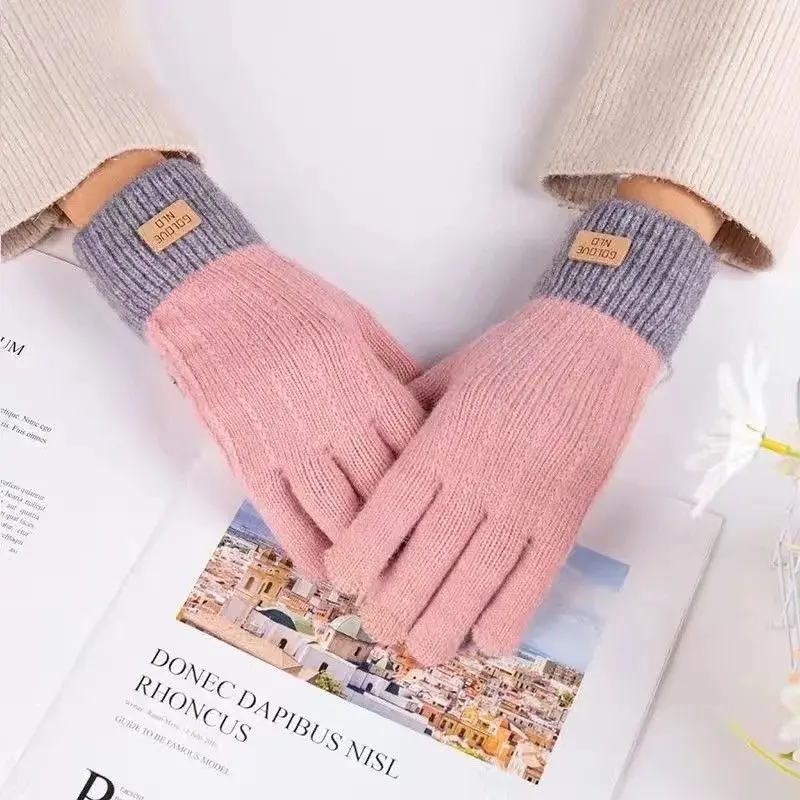 Cashmere knitted touch screen gloves women's autumn and winter warm men's outdoor anti-freeze plus fleece thickened