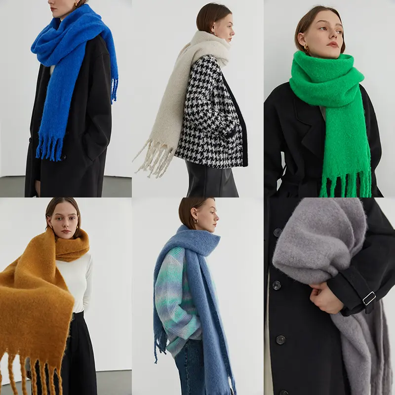 European and American autumn and winter new women's shawl long tassel coarse beard grass green thick solid color scarf