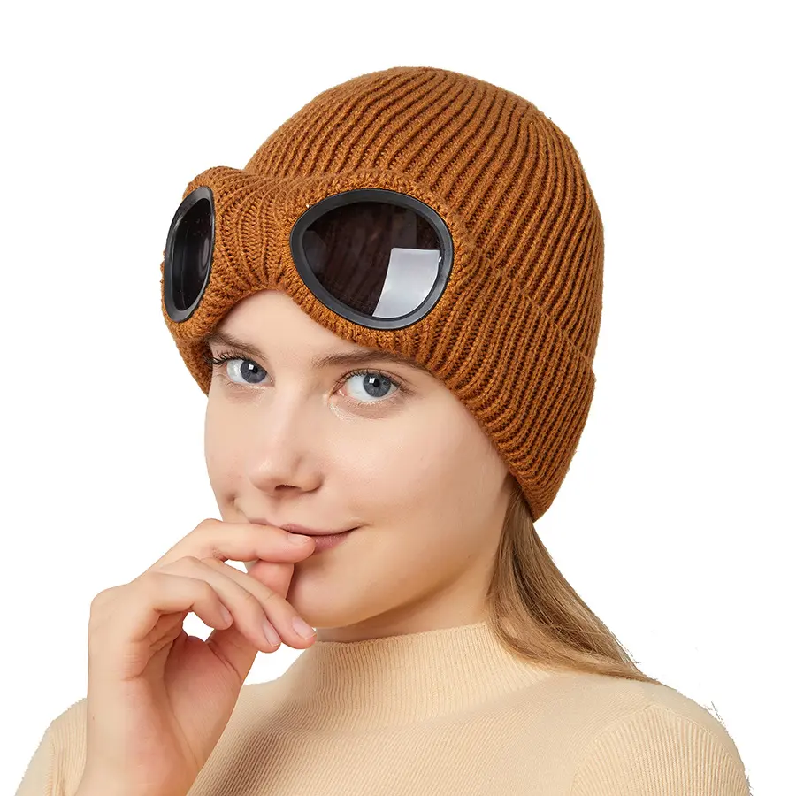 Men's and women's windproof glasses and cashmere ski knit hat solid color warm woolen hat