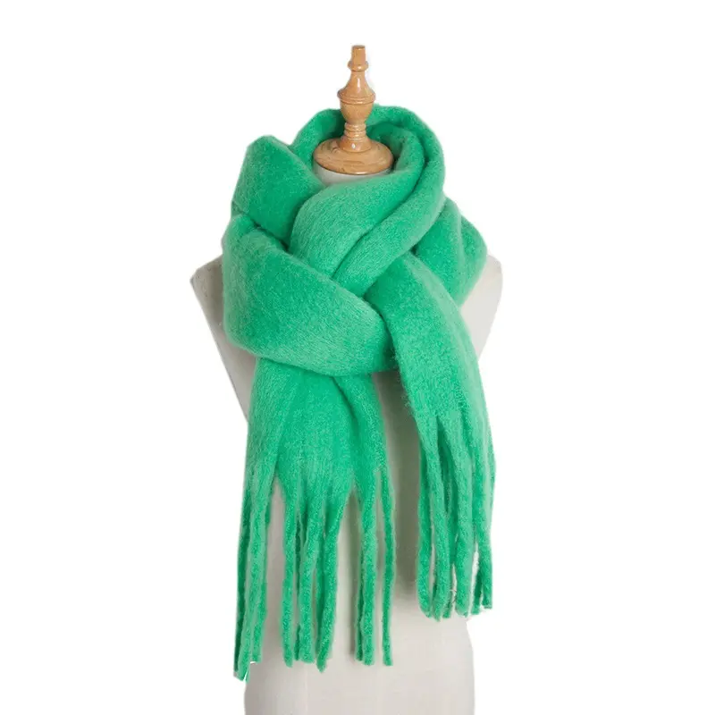 European and American autumn and winter new women's shawl long tassel coarse beard grass green thick solid color scarf