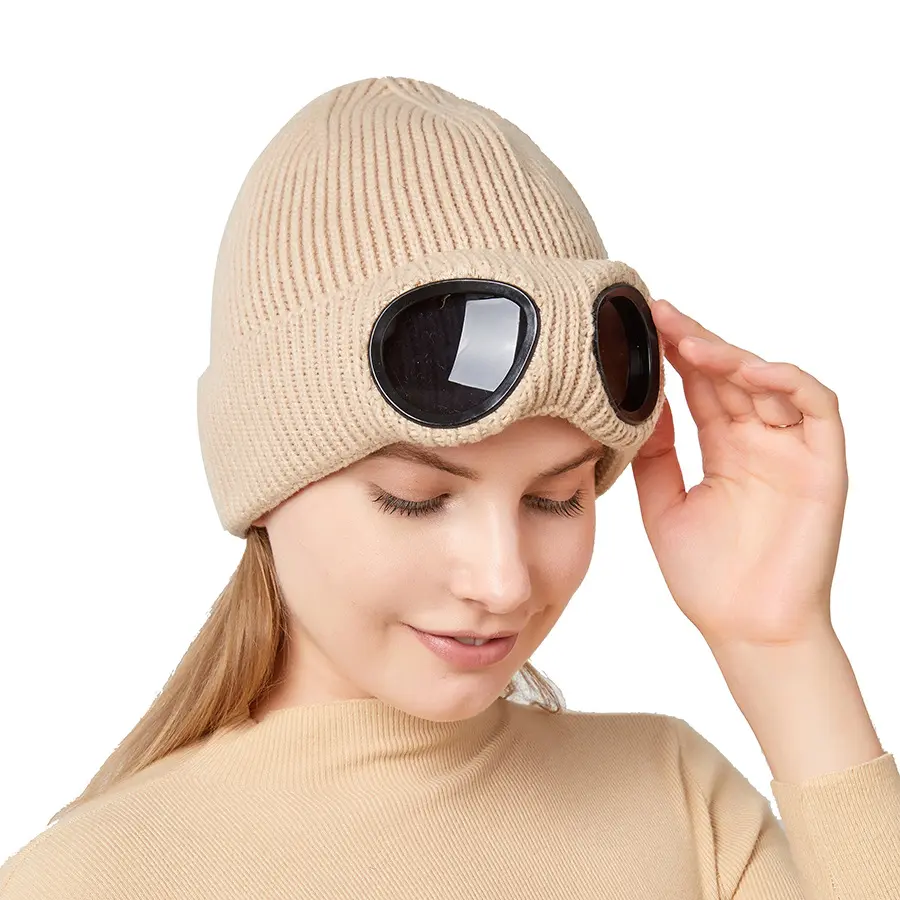 Men's and women's windproof glasses and cashmere ski knit hat solid color warm woolen hat