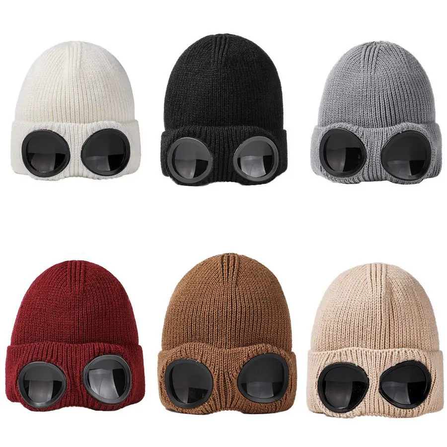 Men's and women's windproof glasses and cashmere ski knit hat solid color warm woolen hat
