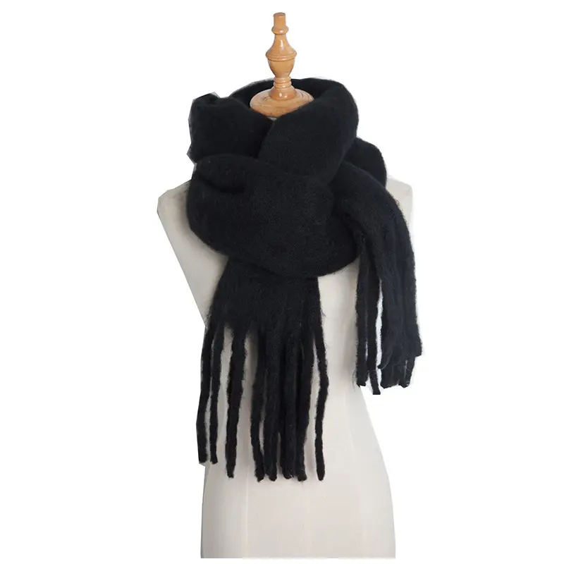 European and American autumn and winter new women's shawl long tassel coarse beard grass green thick solid color scarf