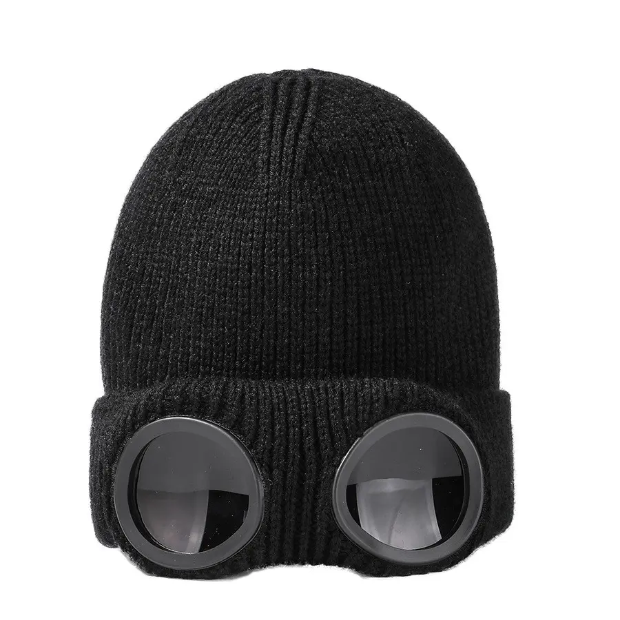 Men's and women's windproof glasses and cashmere ski knit hat solid color warm woolen hat