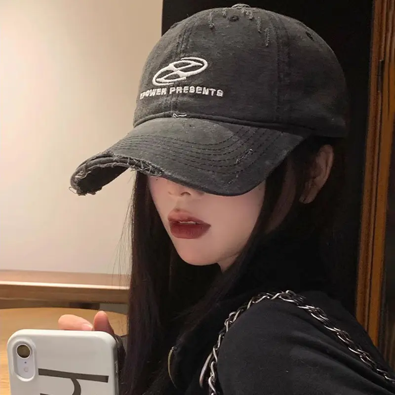 American Retro Washed Distressed Women's Baseball Cap Face Slimming Japanese Style Summer Sun Protection Hat with Letter Design