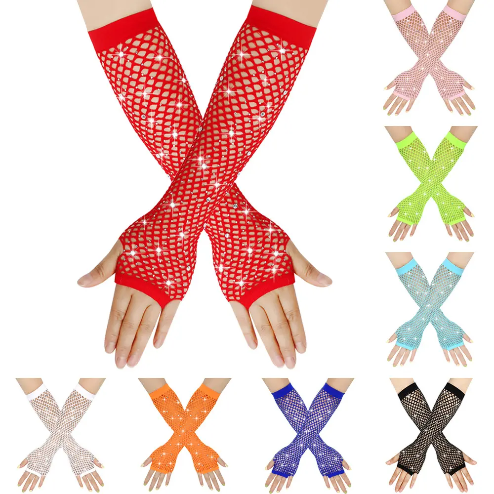 Ball diamond gloves Party fishnet elastic mesh gloves European and American retro sexy diamond long gloves