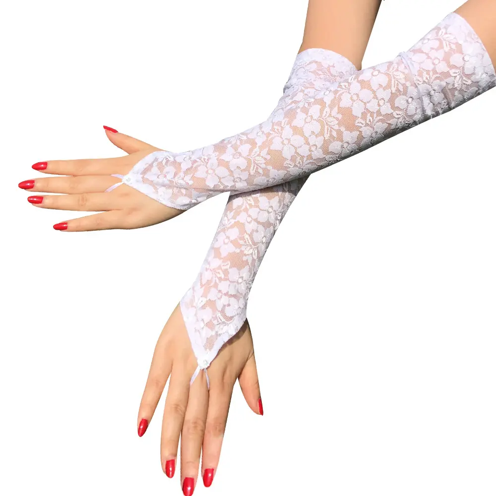 Sexy Floral Lace Mittens Fingerless Gloves Women Stretch Long Hook Finger Bright Bridal dress accessories