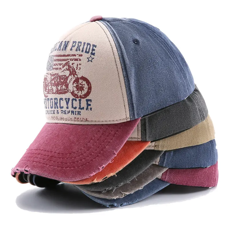 Motorcycle print baseball cap Washed visor American embroidery old duck cap Trucker cap