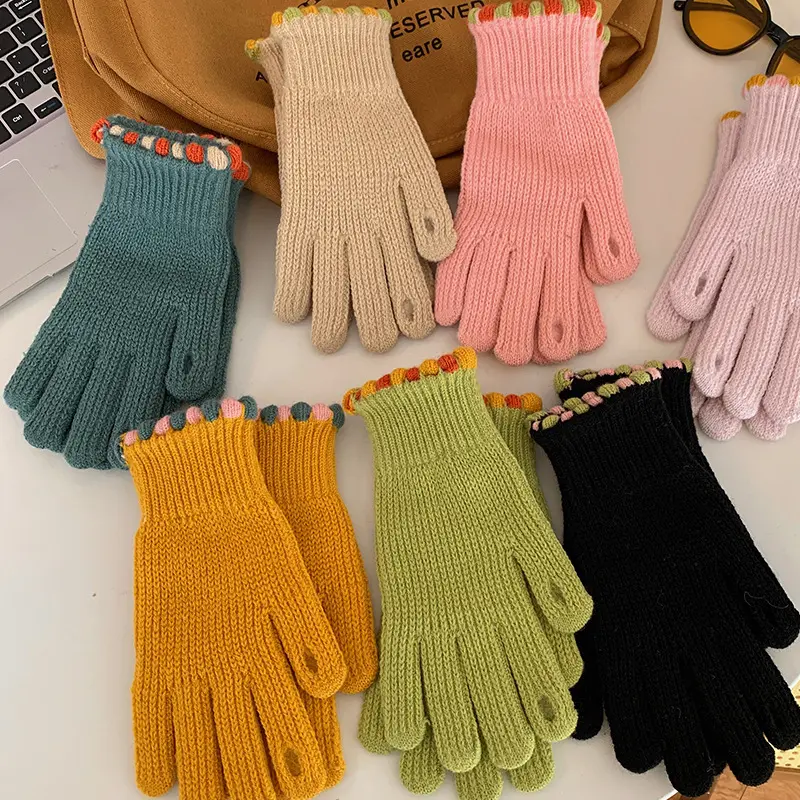 Touch screen saver Warm gloves Winter bare finger knitted knitted gloves for students male and female solid color thickened flee
