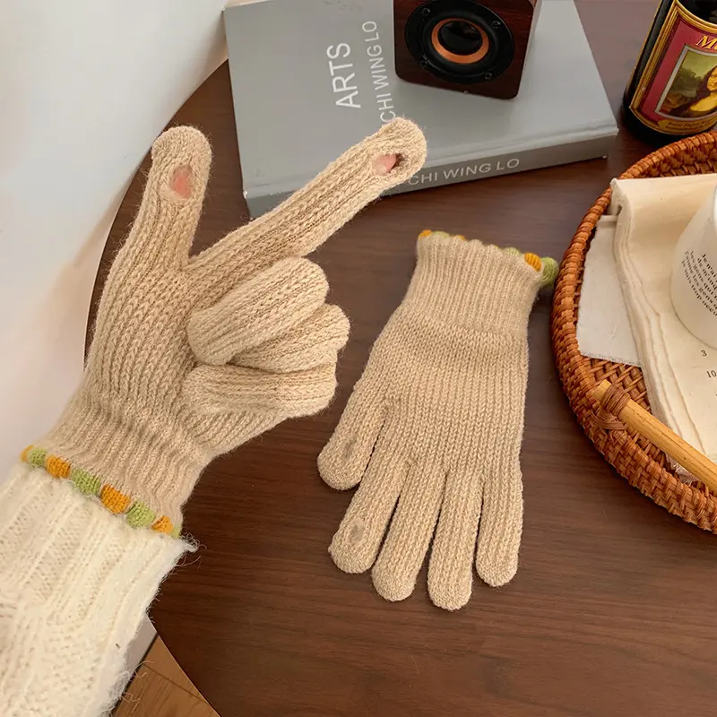 Touch screen saver Warm gloves Winter bare finger knitted knitted gloves for students male and female solid color thickened flee