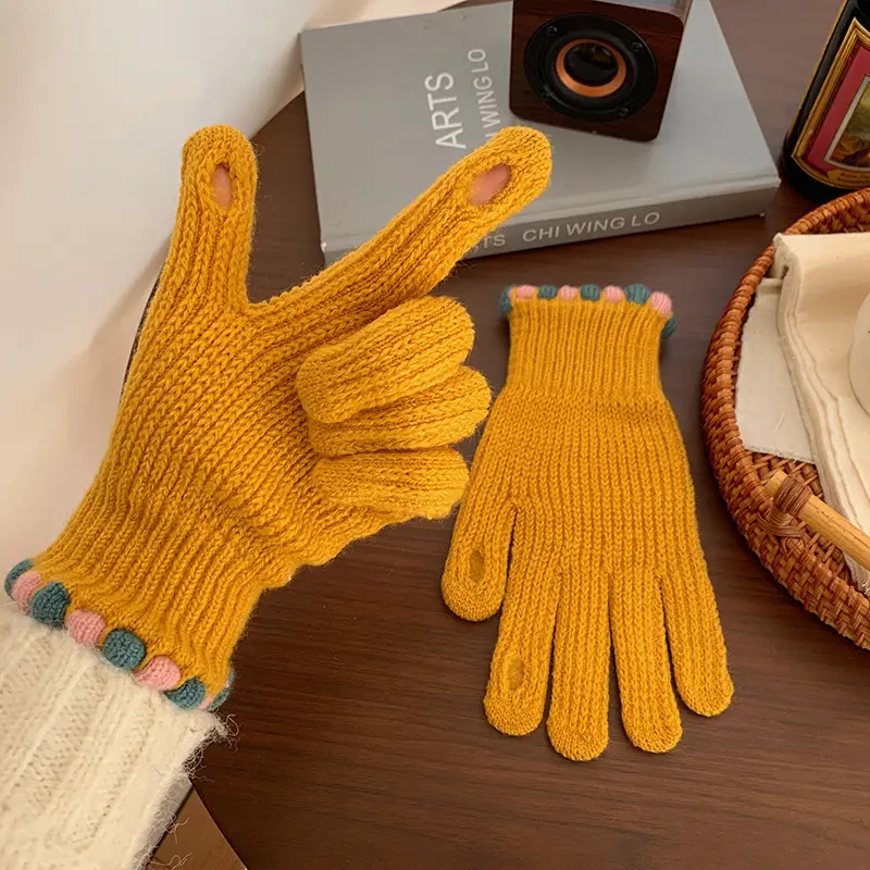 Touch screen saver Warm gloves Winter bare finger knitted knitted gloves for students male and female solid color thickened flee