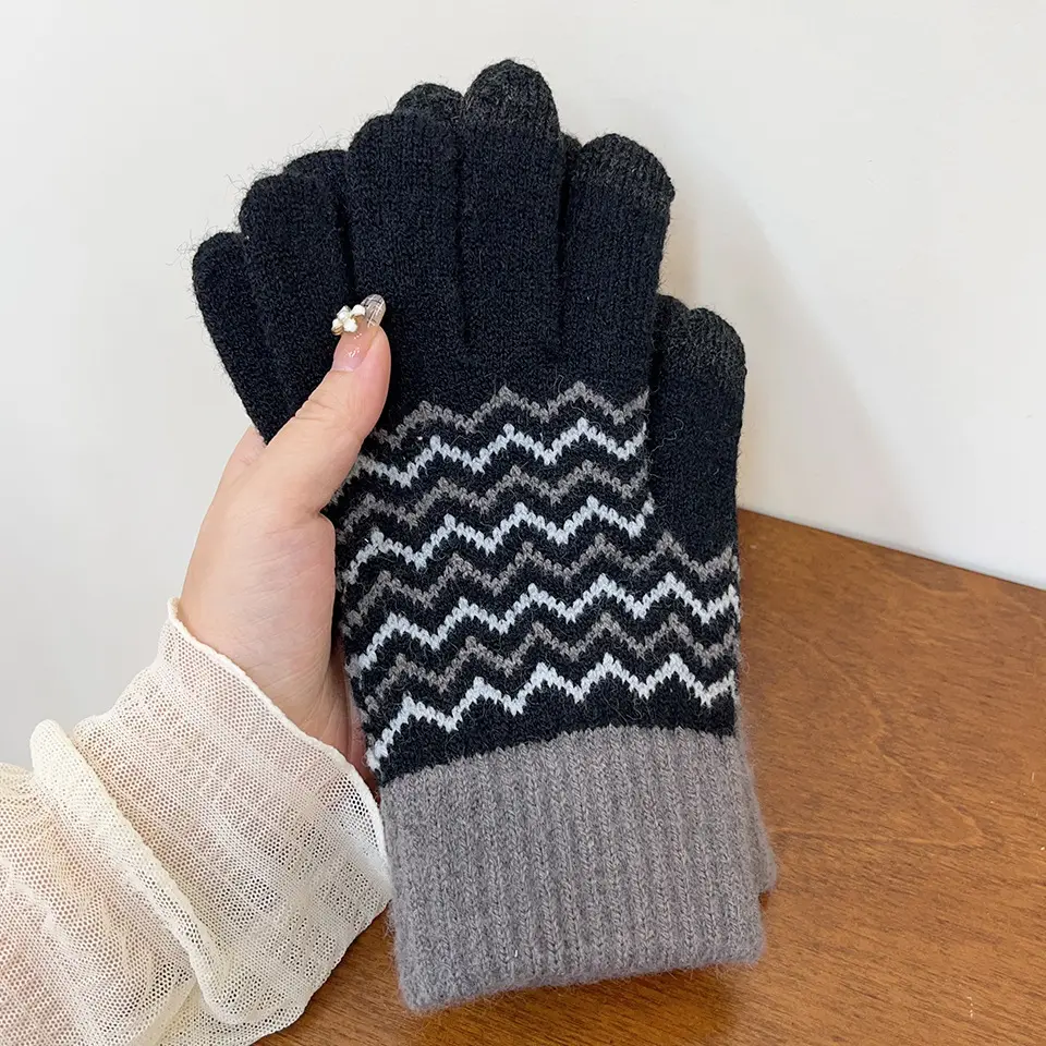 Winter men's plush cold and warm gloves with split finger touch screen knitted gloves