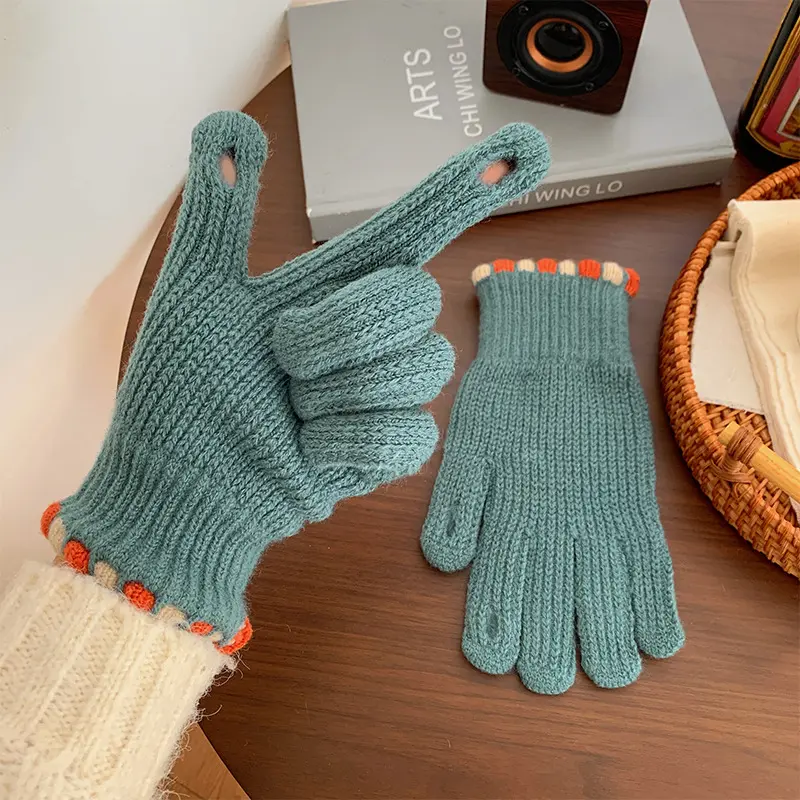 Touch screen saver Warm gloves Winter bare finger knitted knitted gloves for students male and female solid color thickened flee