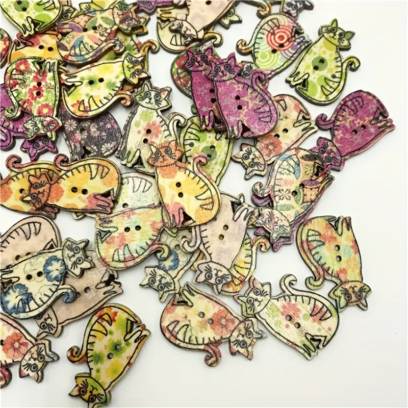 Cartoon cat wooden button Kitten Wooden button animal Wooden button 25pieces/pack