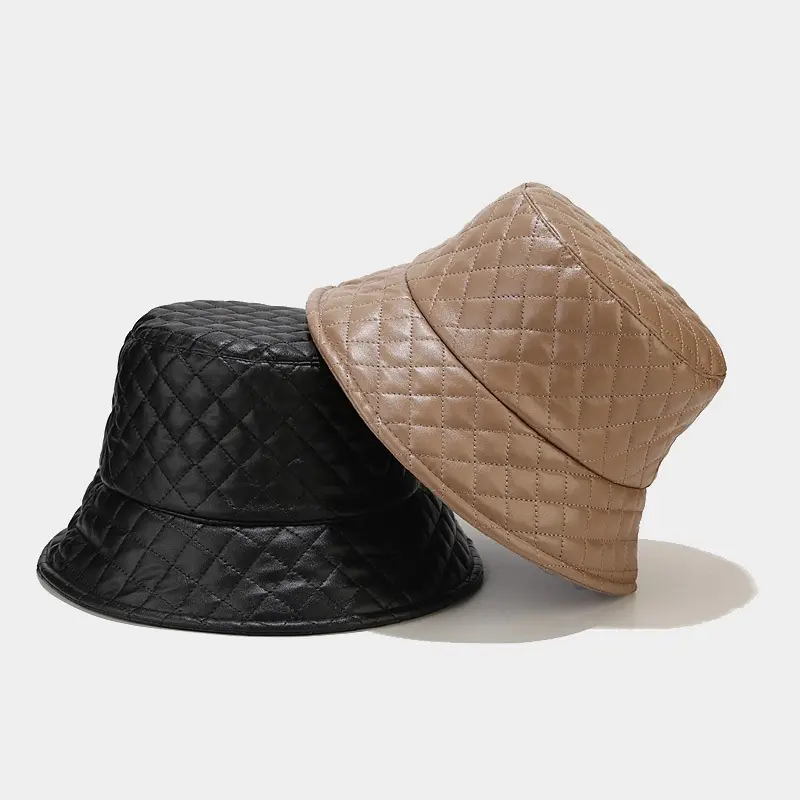 Korean PU soft leather check fisherman hat female autumn-winter vintage warm sunshade hat show face small basin hat tide