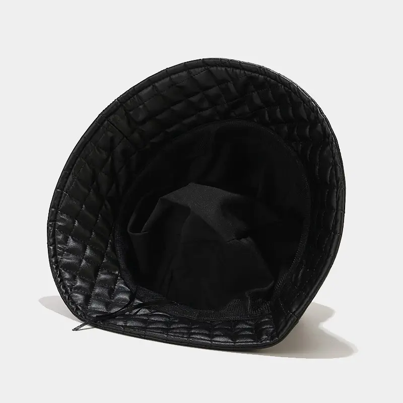 Korean PU soft leather check fisherman hat female autumn-winter vintage warm sunshade hat show face small basin hat tide